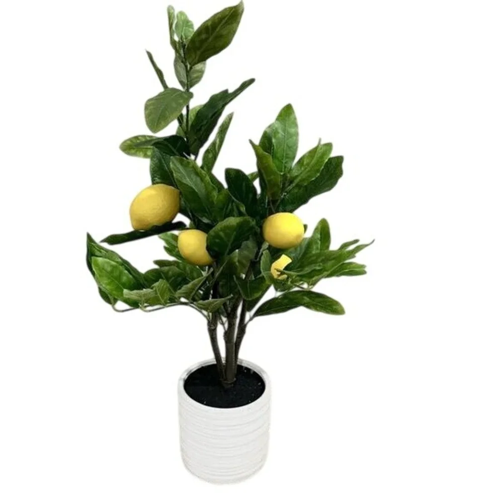 Artificial Lemon Tree in White Ribbed Ceramic Pot 18 Inch Faux Fruit Plant
